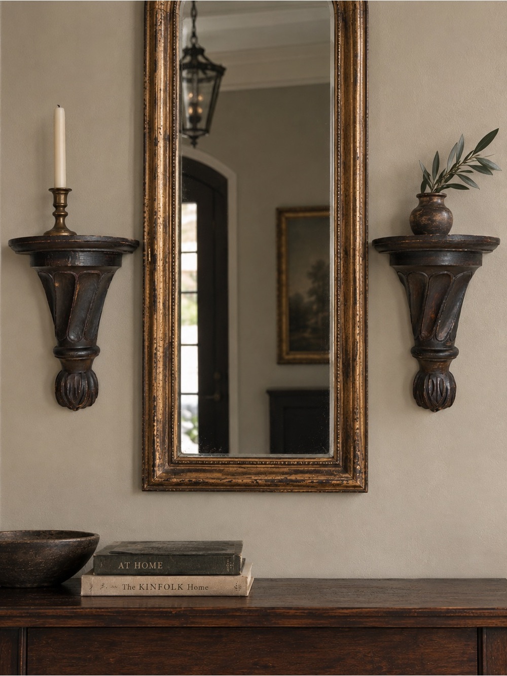 Pair Vintage Architectural Wall Corbels Dark Wood Carved Shelf Brackets